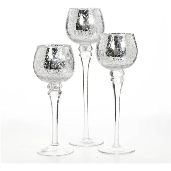 Set of 3 Crackle Metallic Glass Tealight Holders - 12 Inch, 10 Inch,9 Inch Ideal - Picture 4 of 7